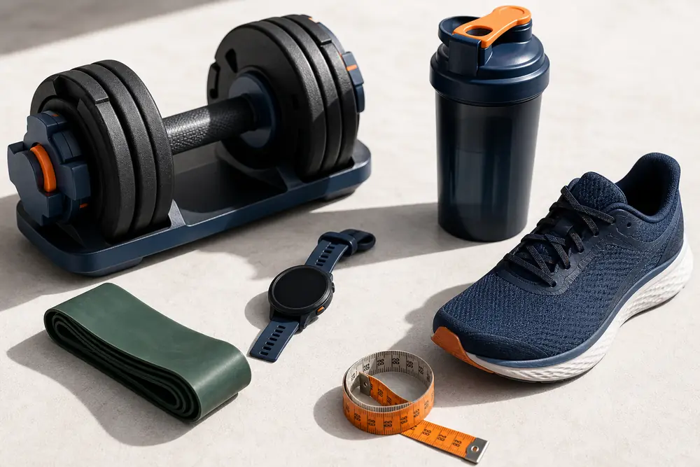 Adjustable dumbbell, resistance band, running shoe, fitness watch, shaker, and measuring tape