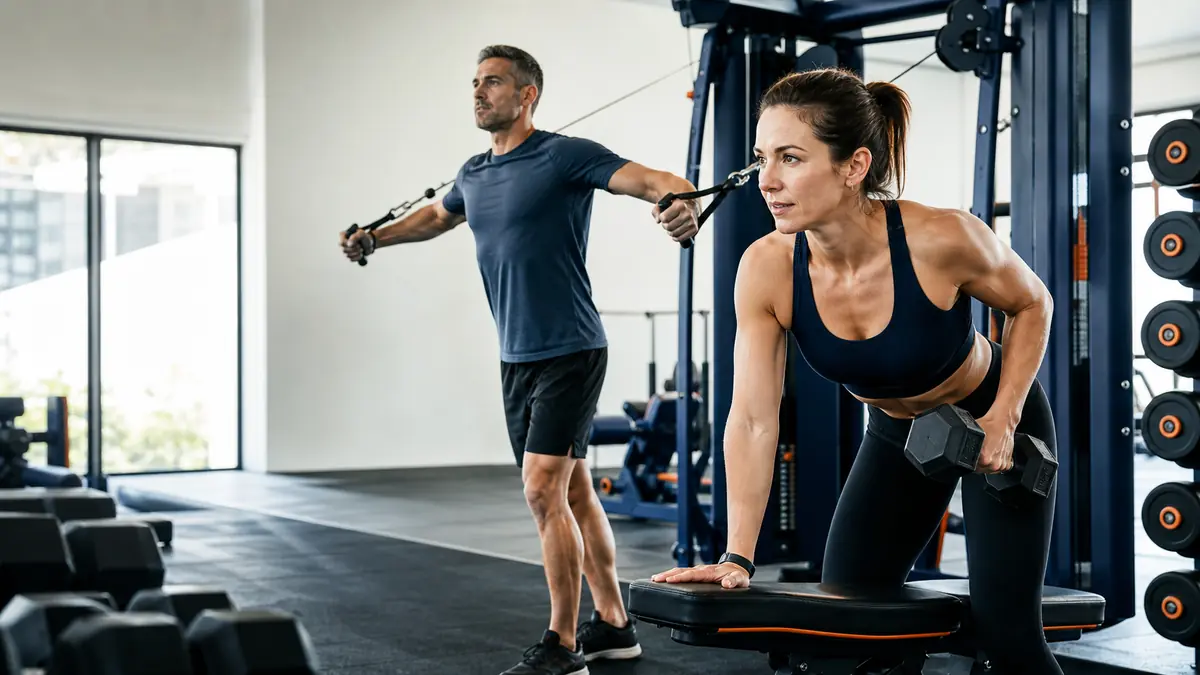 A man and woman training with cable equipment and dumbbells in a bright gym
